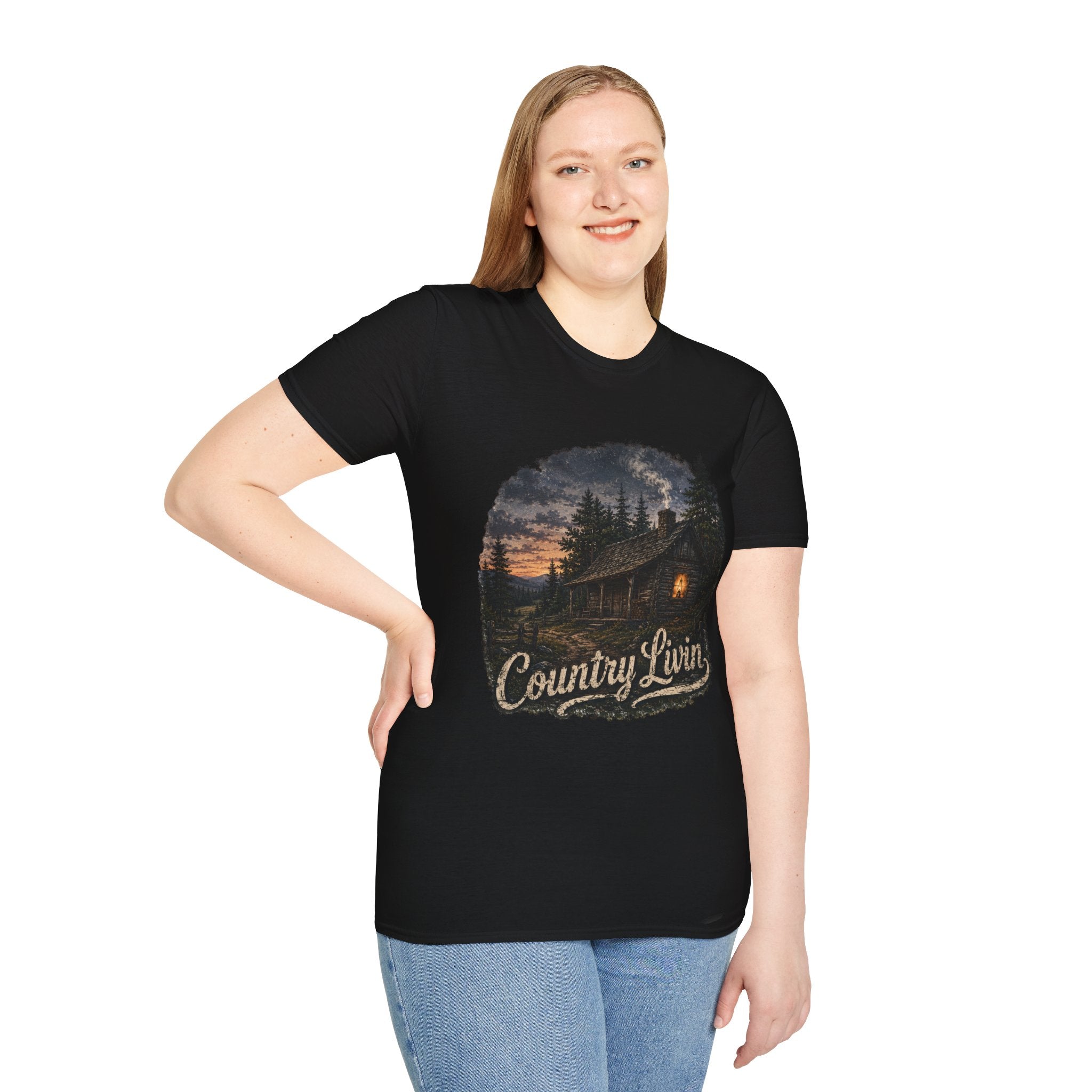Country Livin' Cabin T‑Shirt — Rustic Sunset Woodlands Graphic Tee