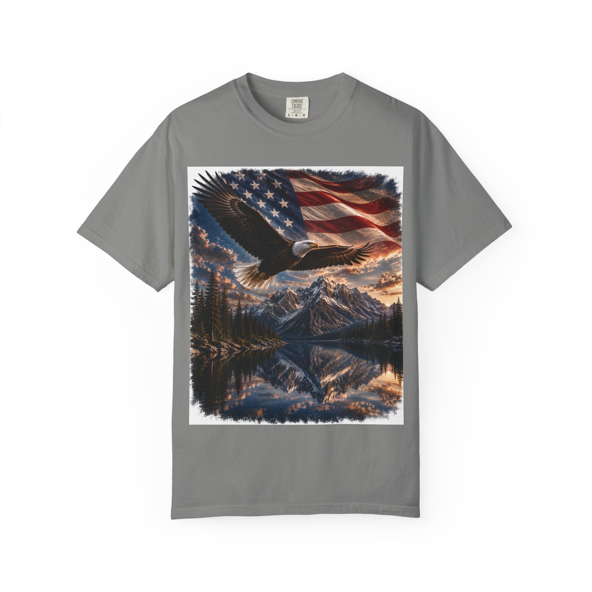 Bald Eagle Over Mountain Lake American Flag T-shirt | Patriotic Nature Scene