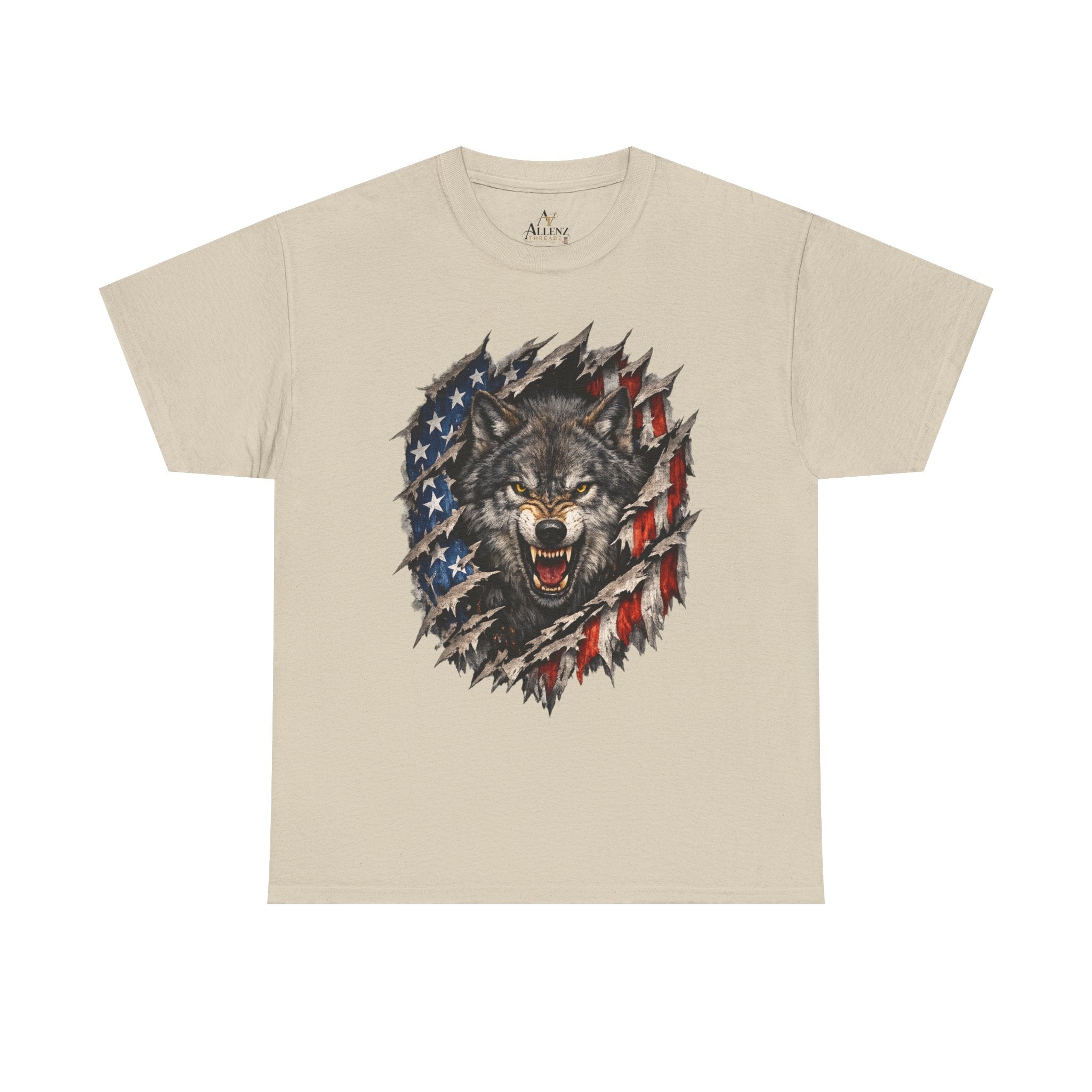 Unisex Heavy Cotton Tee - American flag with wolf face