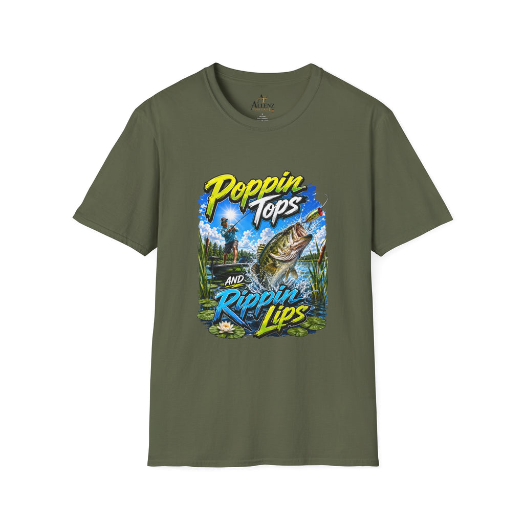 Poppin Tops Rippin Lips Fishing Shirt Unisex Softstyle T-Shirt