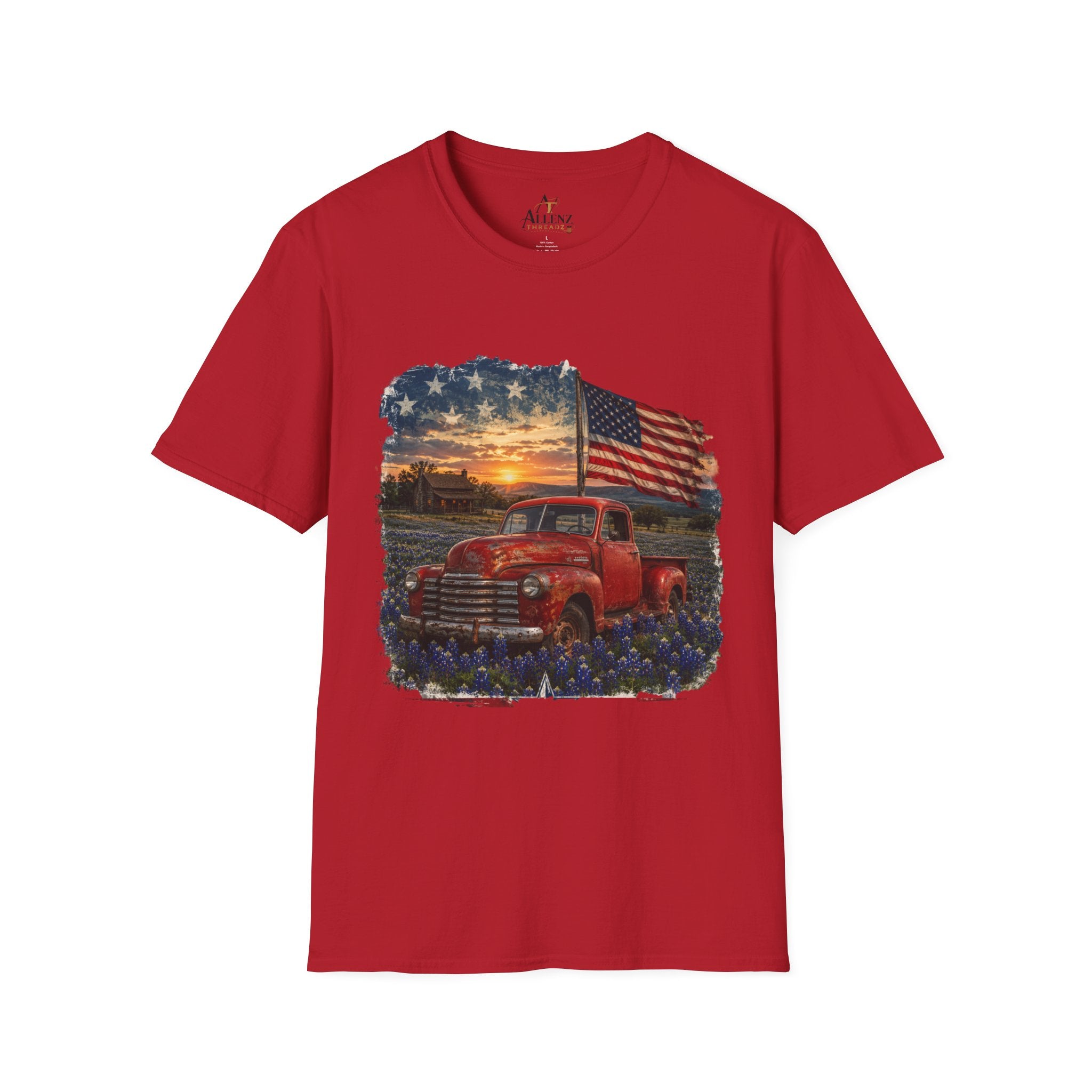 American Vintage Truck T-Shirt — Flag Sunset Patriotic Tee