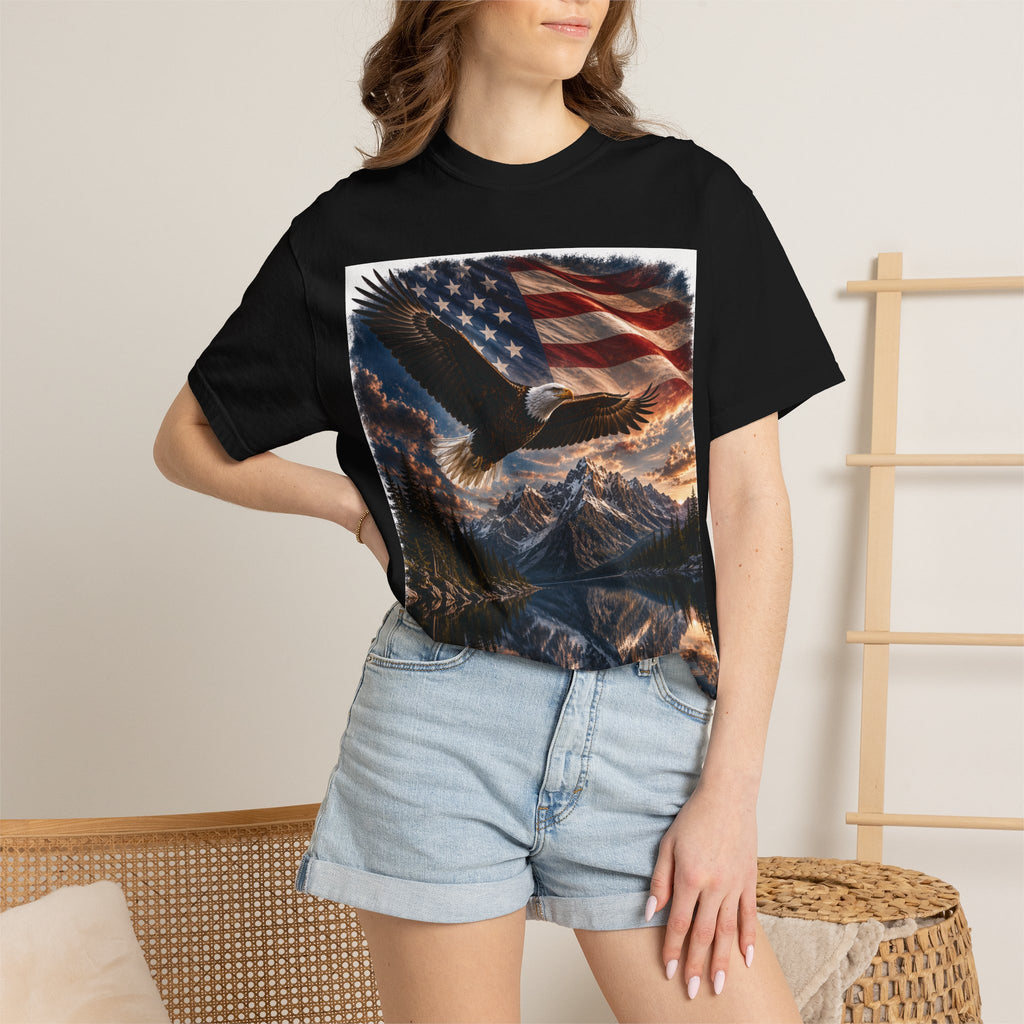 Bald Eagle Over Mountain Lake American Flag T-shirt | Patriotic Nature Scene