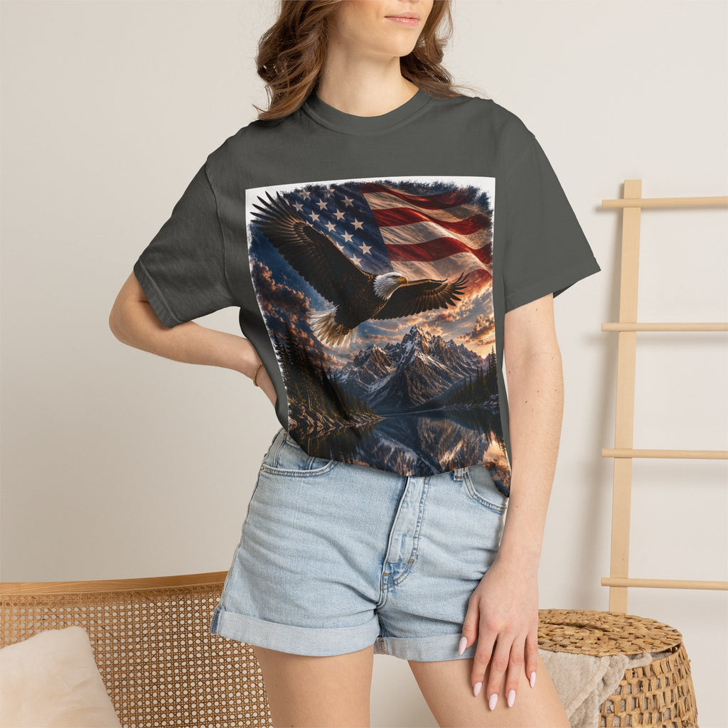 Bald Eagle Over Mountain Lake American Flag T-shirt | Patriotic Nature Scene