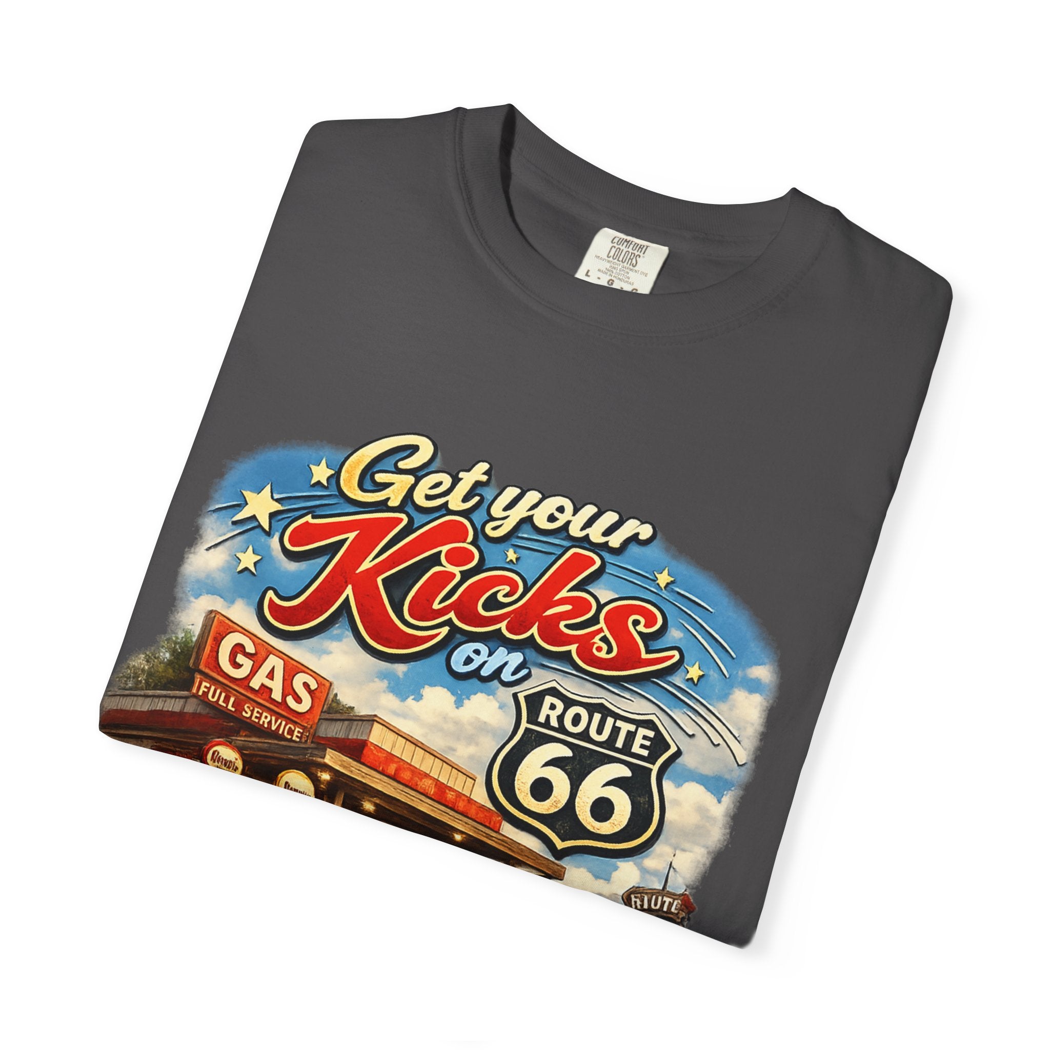 Route 66 Retro T-Shirt — "Get Your Kicks on Route 66" Vintage Gas Station Tee