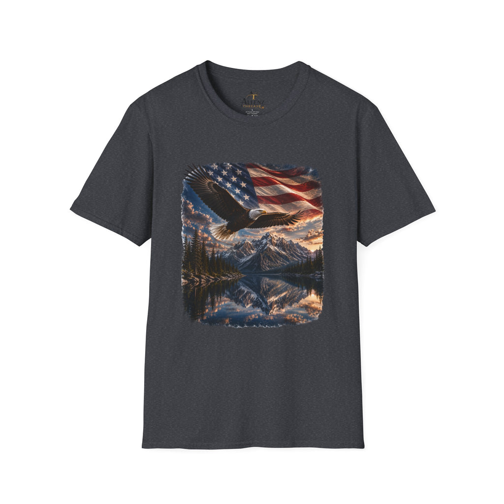 American Eagle Flag T-Shirt — Patriotic Bald Eagle & Mountain Scenery Tee