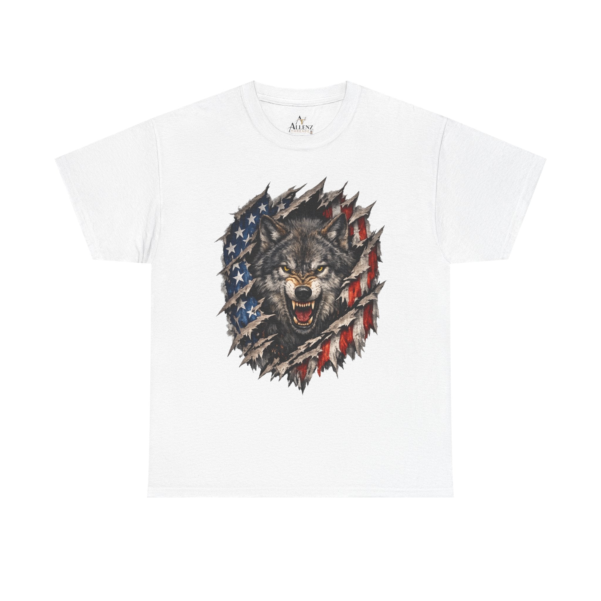 Unisex Heavy Cotton Tee - American flag with wolf face