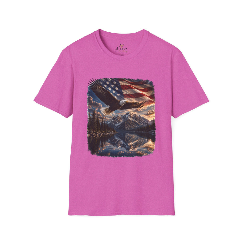 American Eagle Flag T-Shirt — Patriotic Bald Eagle & Mountain Scenery Tee