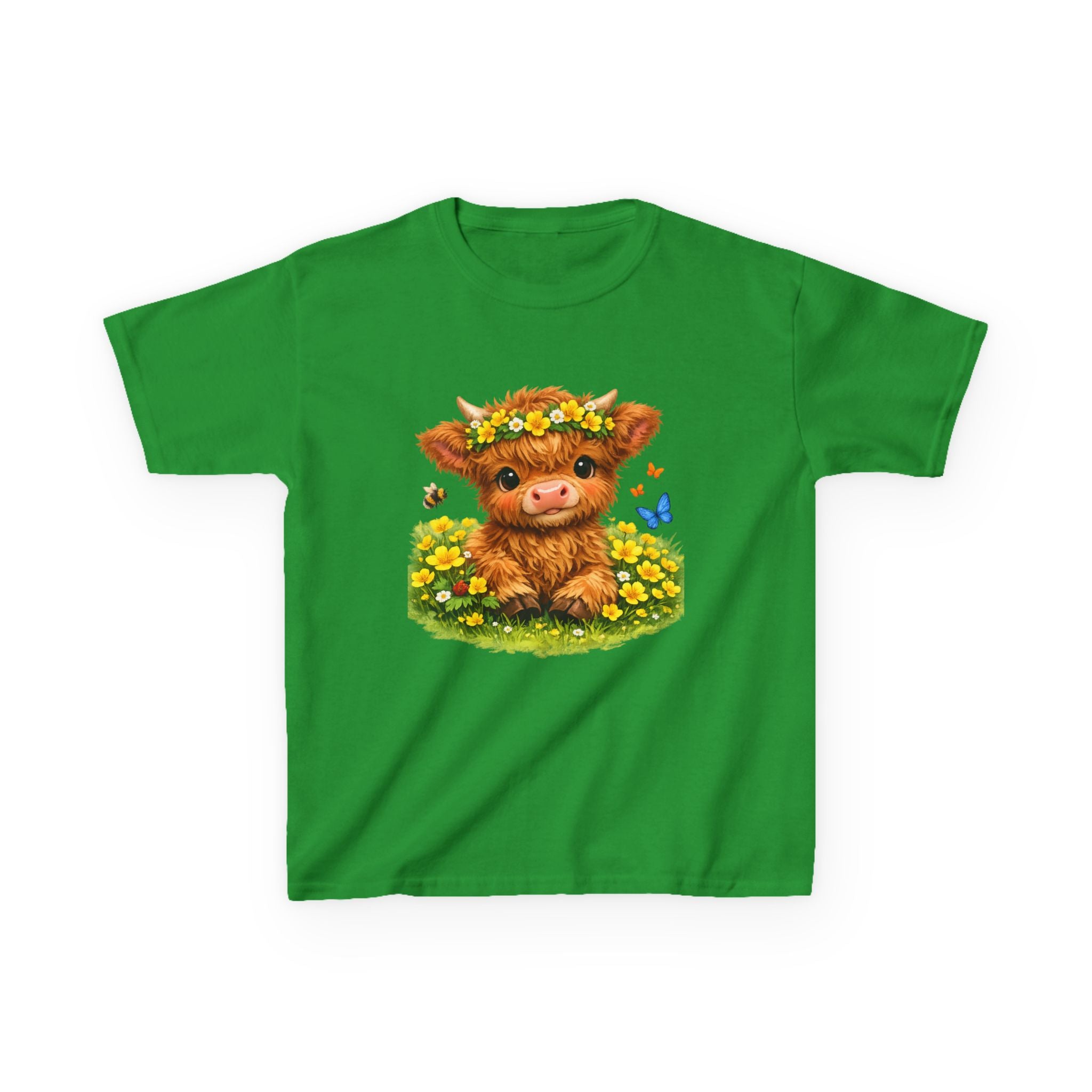 Cute Highland Calf Kids T‑Shirt — Floral Crown, Butterflies & Sunshine Tee