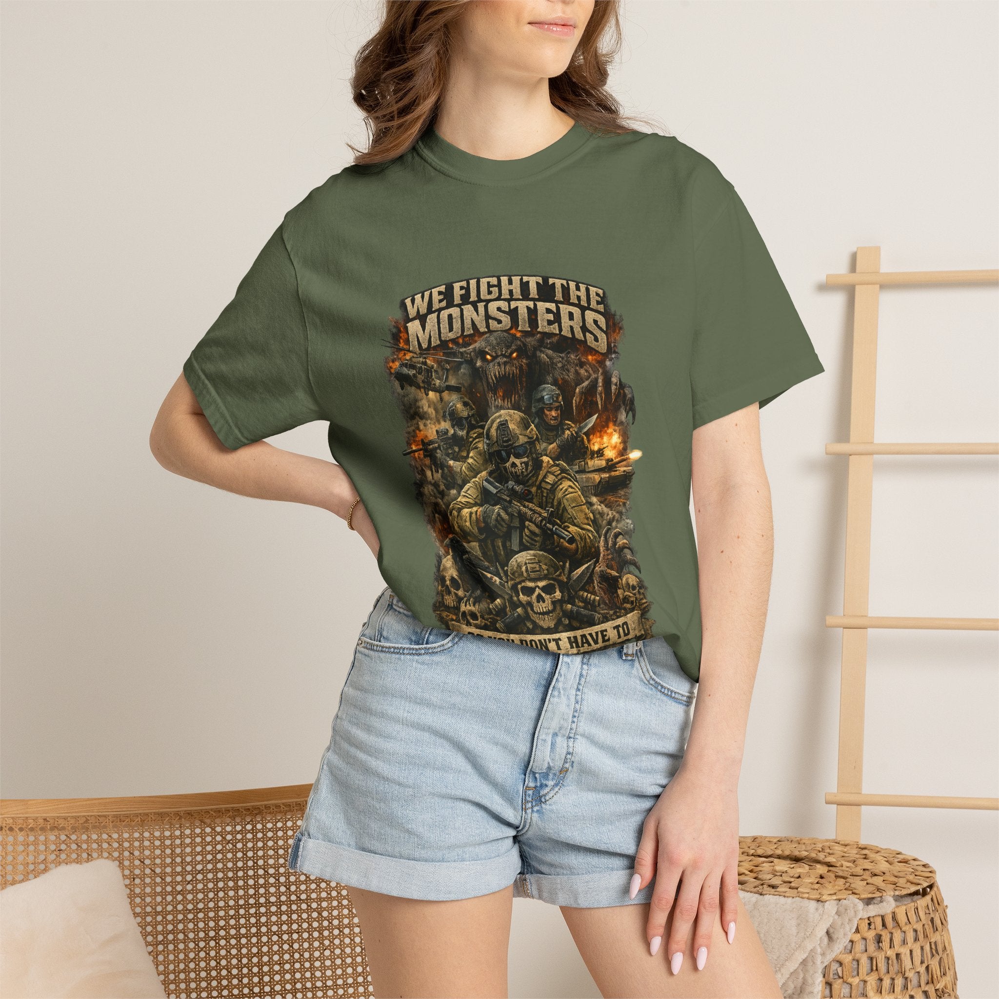 We Fight the Monsters Graphic T-Shirt — Military Fantasy Combat Design