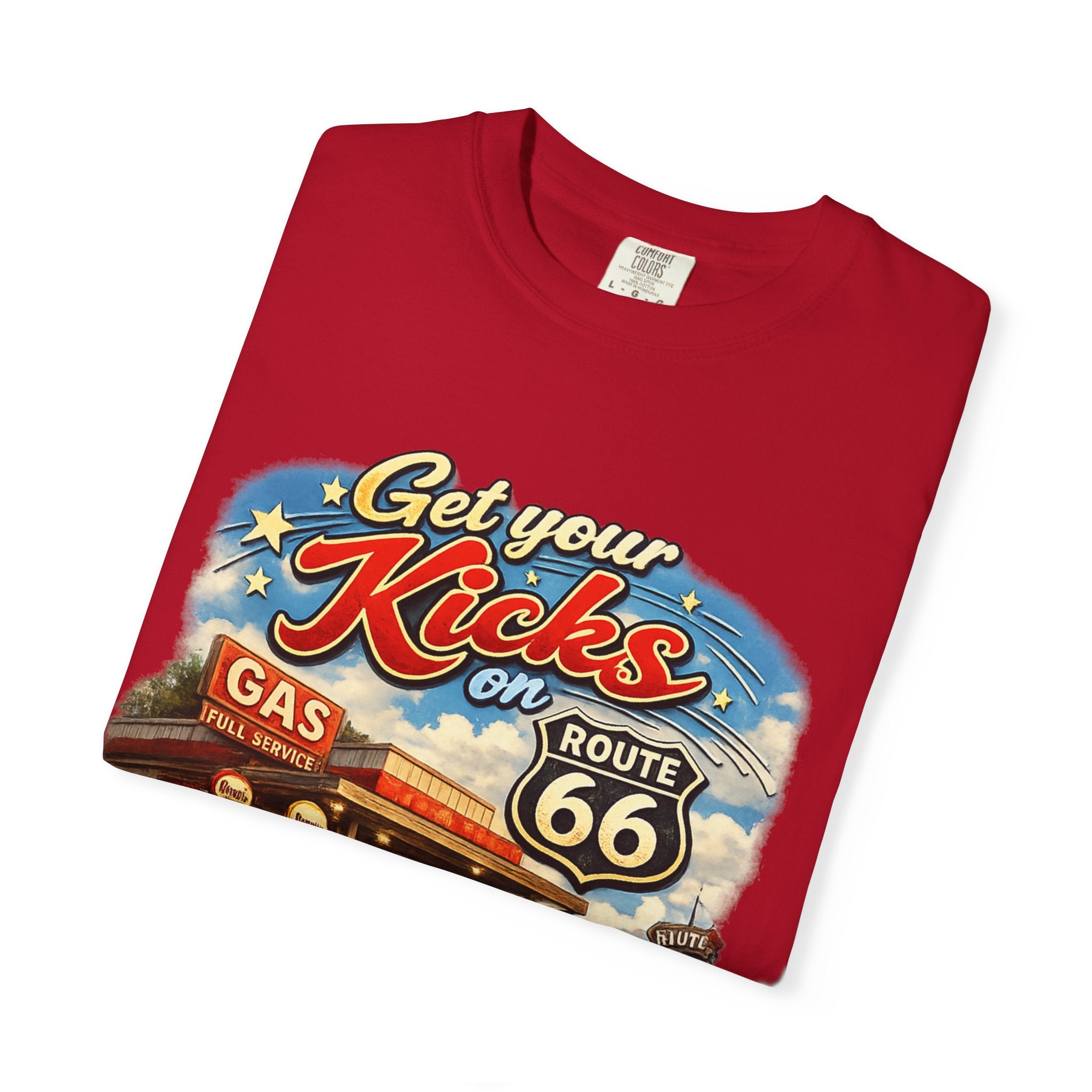 Route 66 Retro T-Shirt — "Get Your Kicks on Route 66" Vintage Gas Station Tee