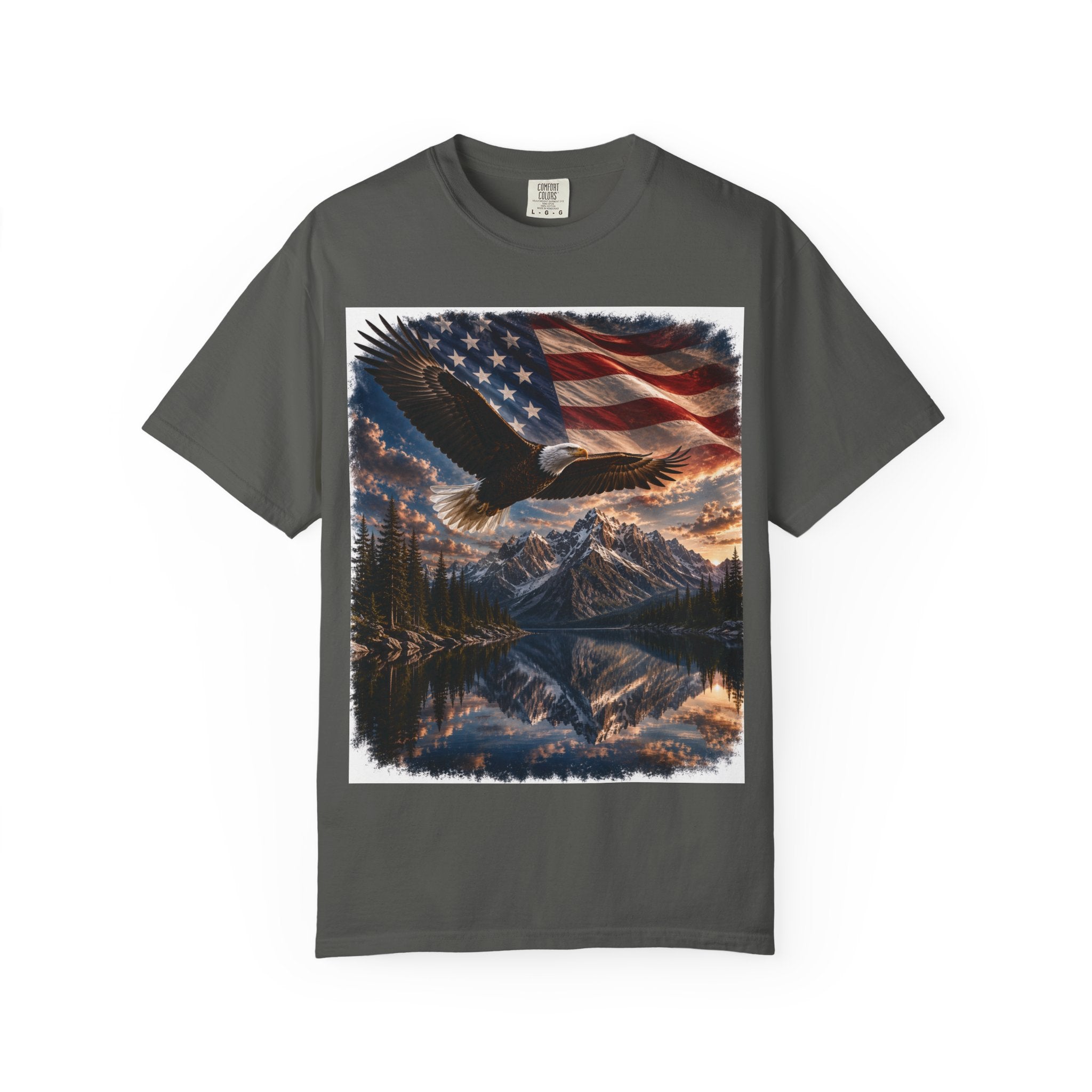 Bald Eagle Over Mountain Lake American Flag T-shirt | Patriotic Nature Scene