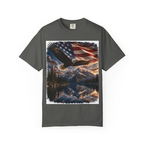 Bald Eagle Over Mountain Lake American Flag T-shirt | Patriotic Nature Scene